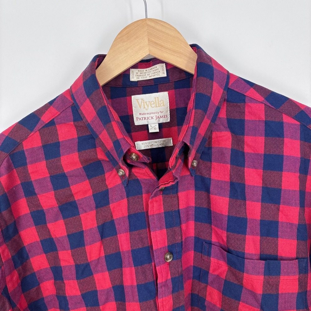 Vintage Viyella x Patrick James Shirt Mens L Red Blue Buffalo Check Wool Blend